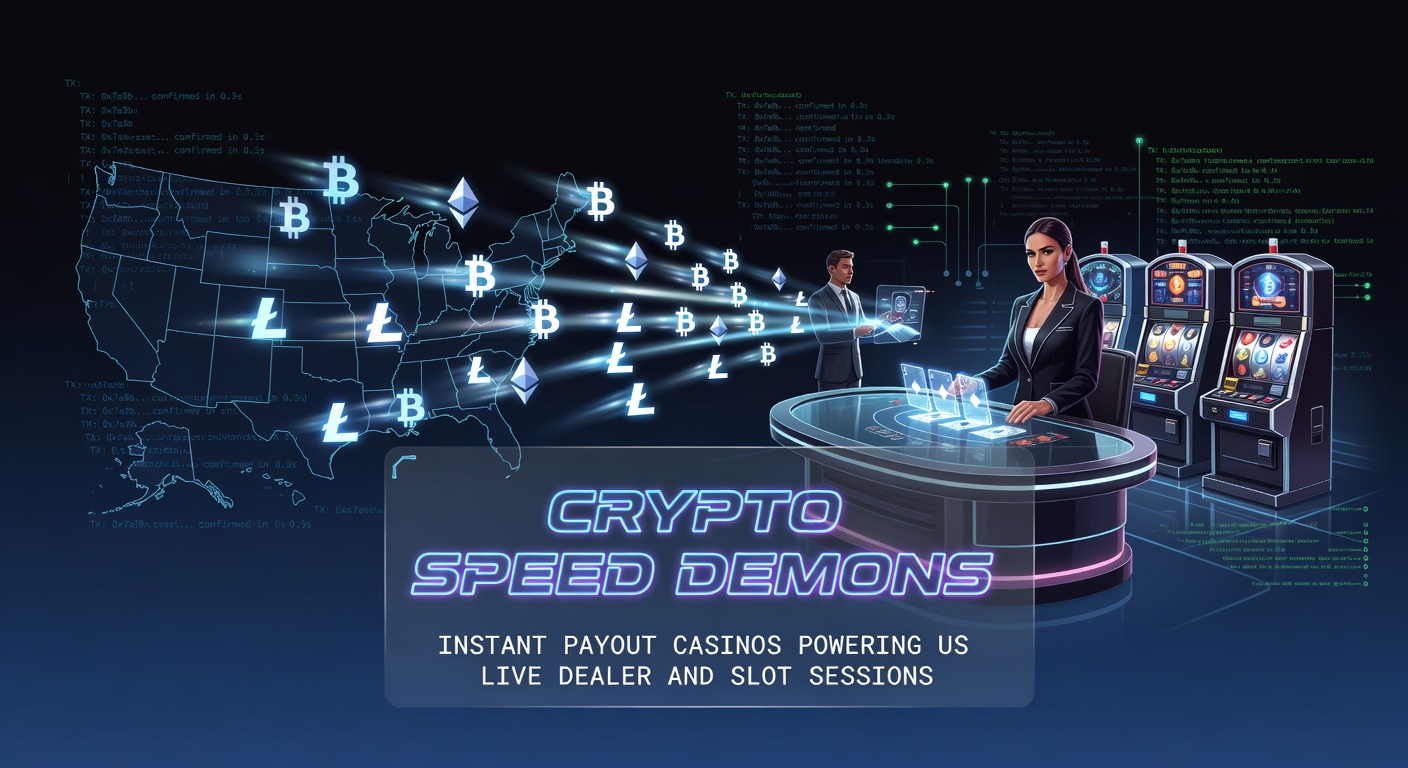 Dynamic graphic showing lightning-fast crypto transactions fueling live dealer games and vibrant slot reels in a high-energy casino environment