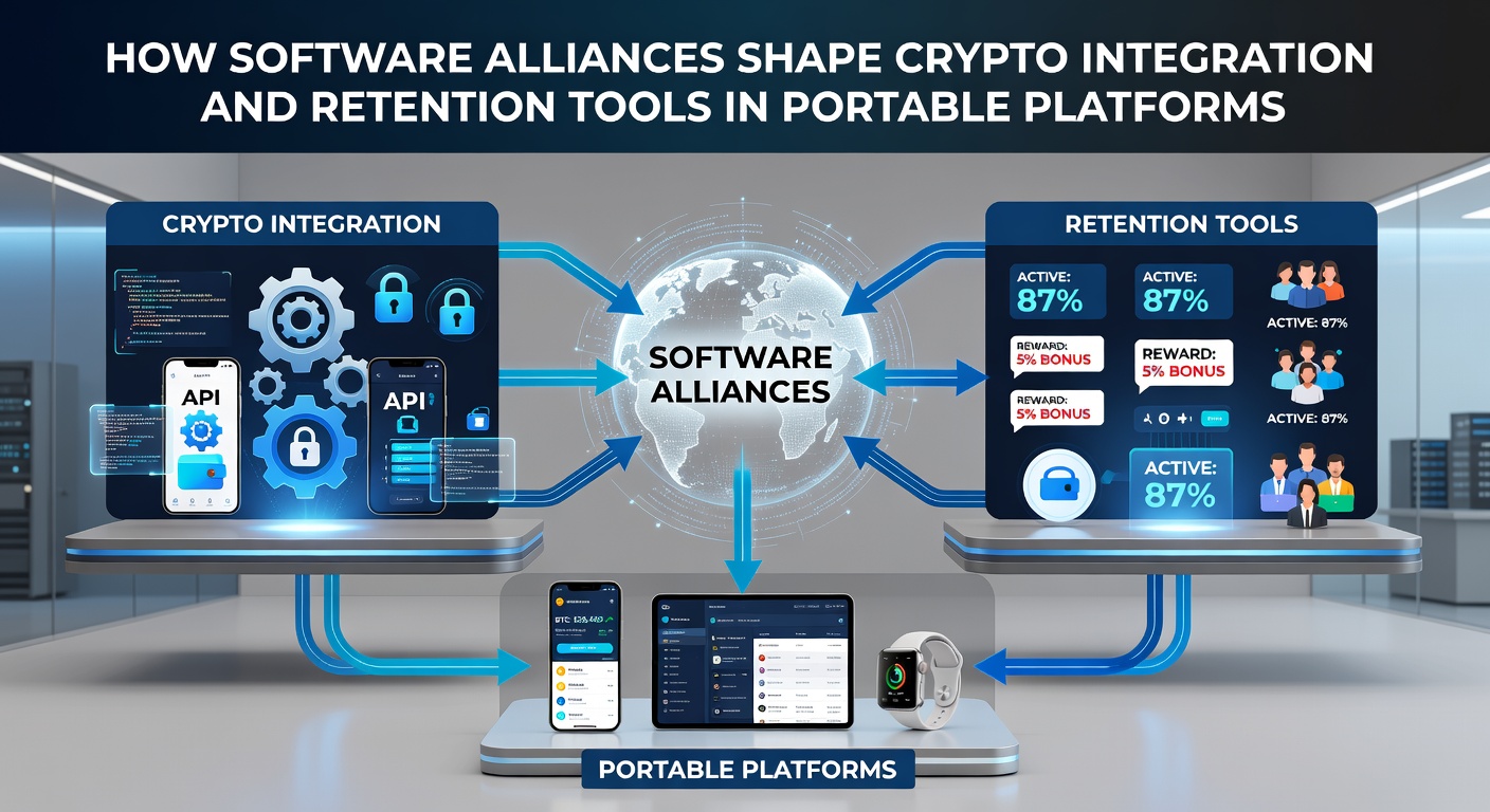 Mobile app interfaces displaying integrated crypto retention features and alliance-driven tools