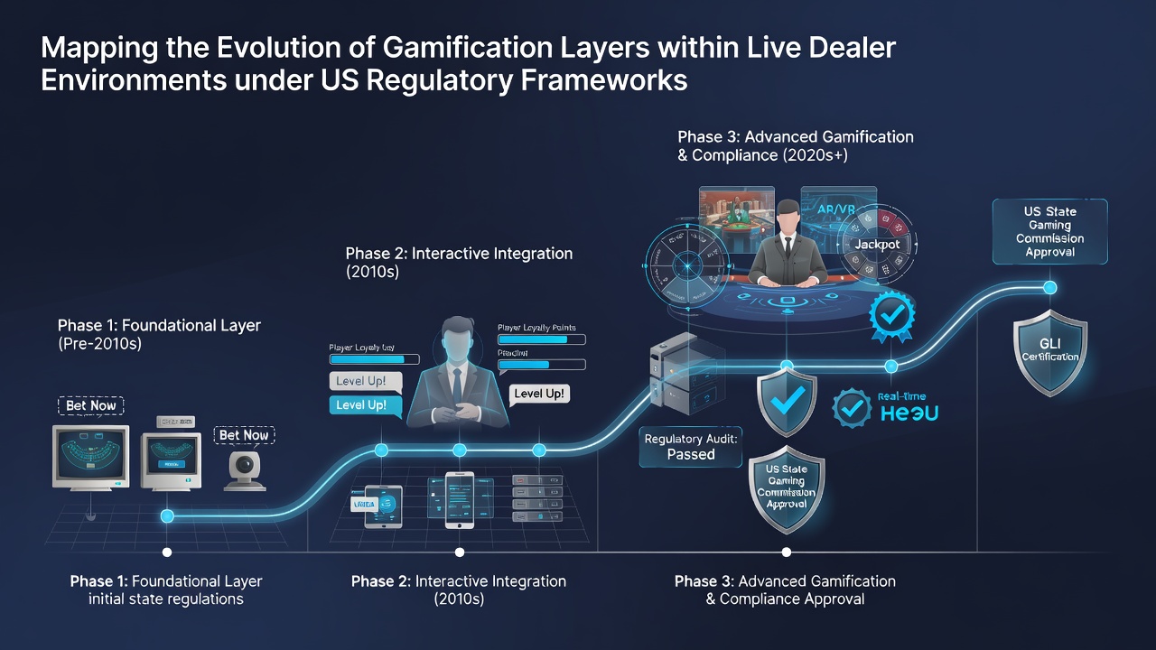 Live dealer gamification dashboard with points, badges and regulatory overlay indicators in a US online casino setting