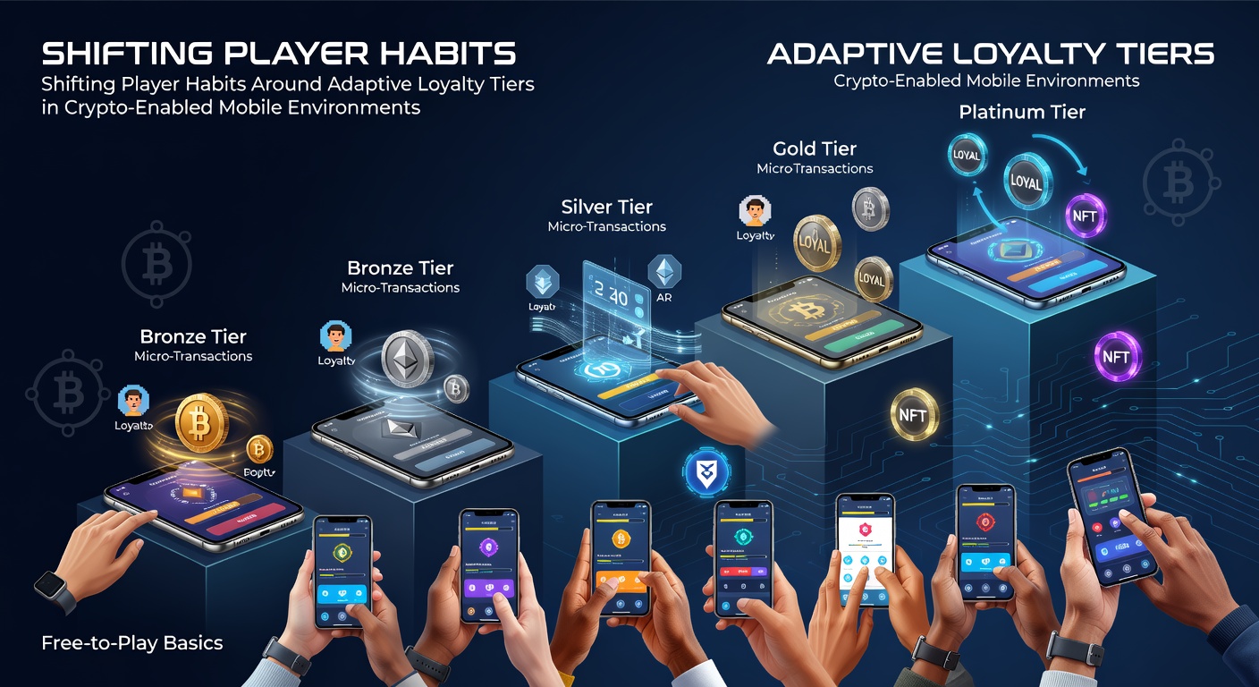 Mobile screen displaying adaptive loyalty tiers in a crypto gaming app with tier progression indicators and reward notifications
