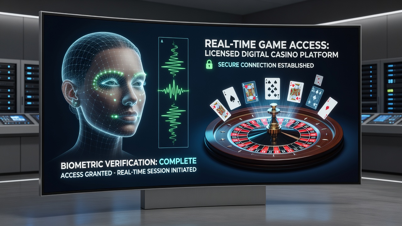 Biometric authentication interface on a licensed digital casino platform showing facial recognition scan for instant game access